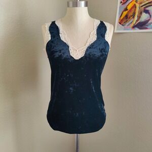 Banana Republic Y2K Black Velvet Camisole Tank Top Lace Trim Stretch Whimsigoth